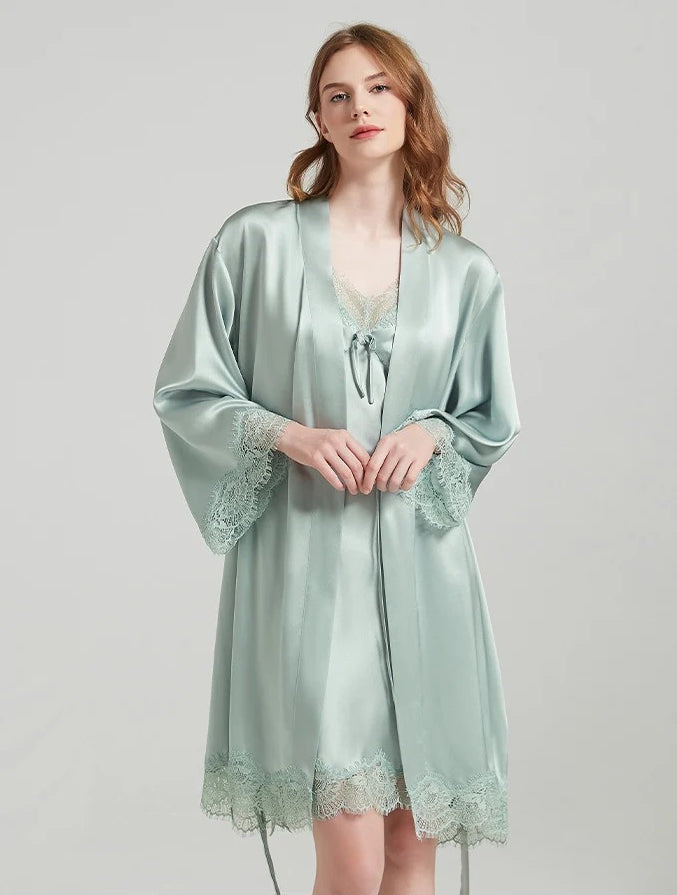 Lace-Trim 100% Mulberry Silk Robe & Camisole Set – Women's Sleepwear Loungewear
