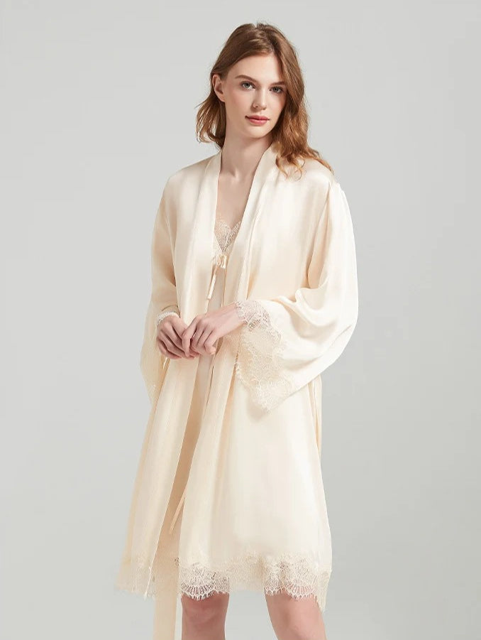 Lace-Trim 100% Mulberry Silk Robe & Camisole Set – Women's Sleepwear Loungewear
