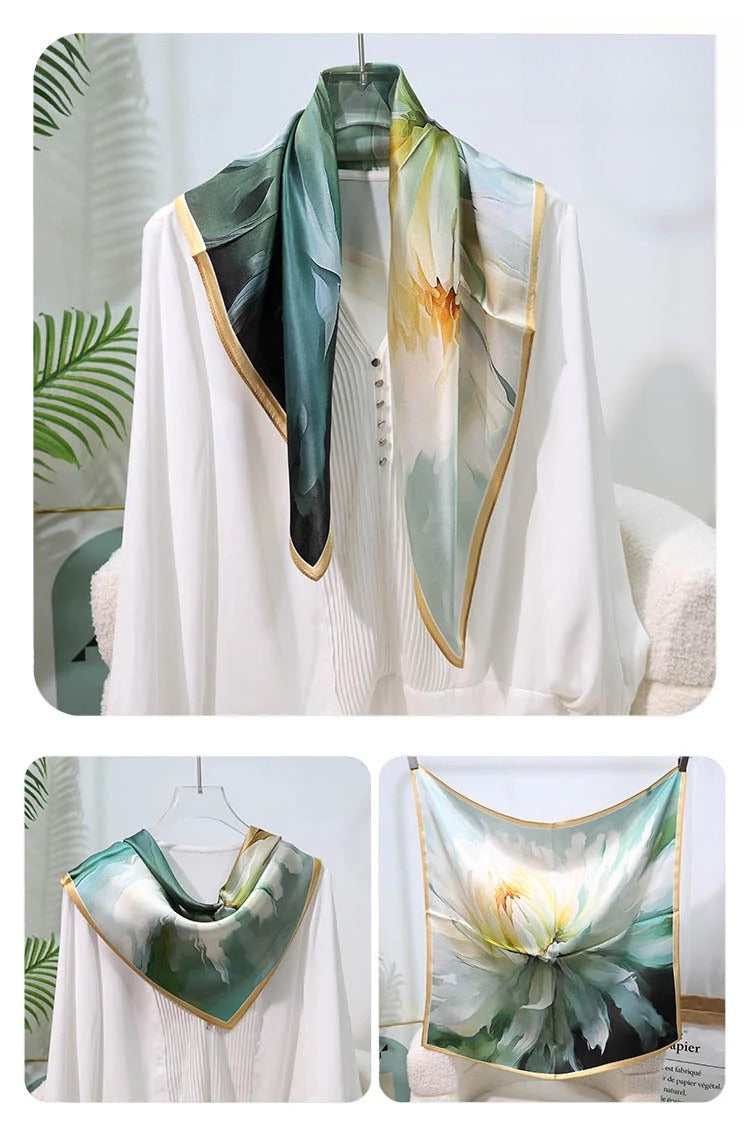 Square 100% Mulberry Silk Scarf – Vintage French Print Bandana Wrap