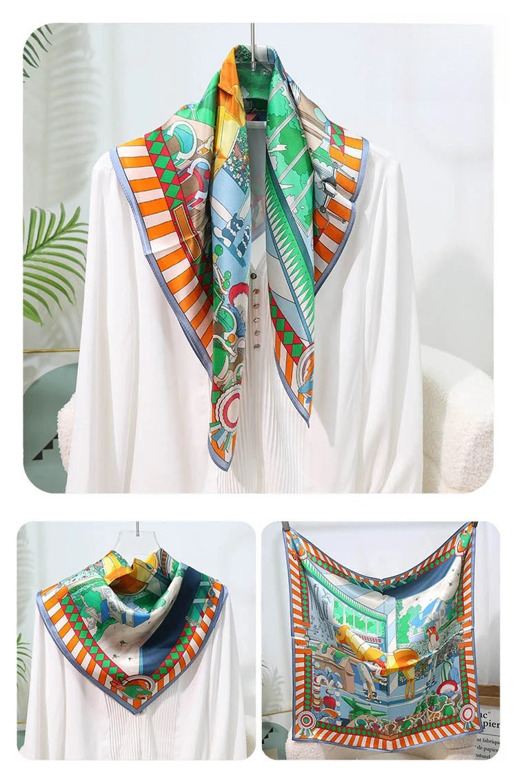 Square 100% Mulberry Silk Scarf – Vintage French Print Bandana Wrap