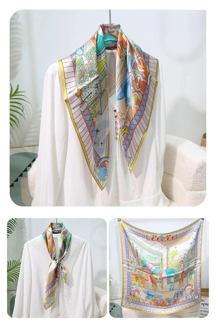 Square 100% Mulberry Silk Scarf – Vintage French Print Bandana Wrap