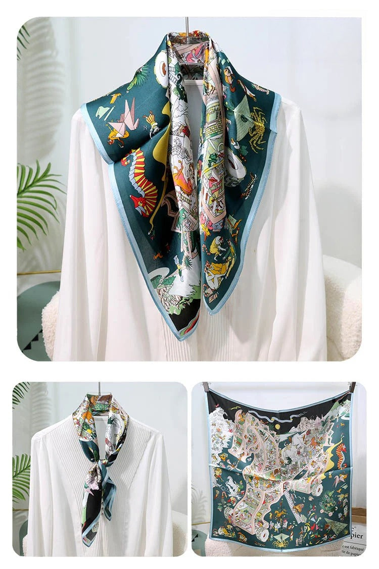 Square 100% Mulberry Silk Scarf – Vintage French Print Bandana Wrap