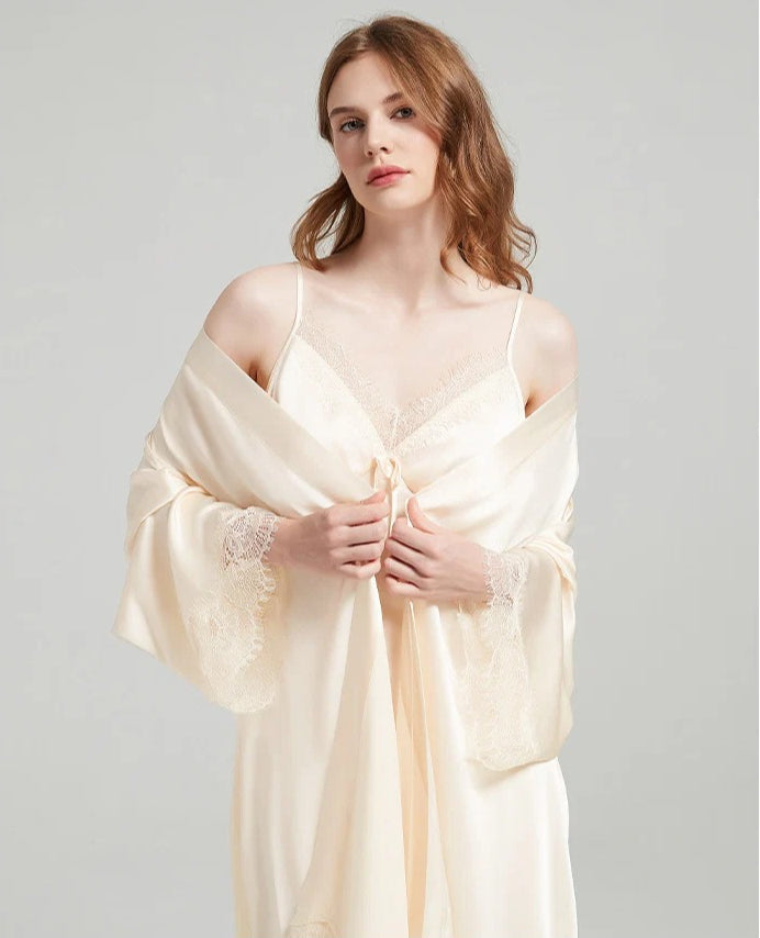 Lace-Trim 100% Mulberry Silk Robe & Camisole Set – Women's Sleepwear Loungewear