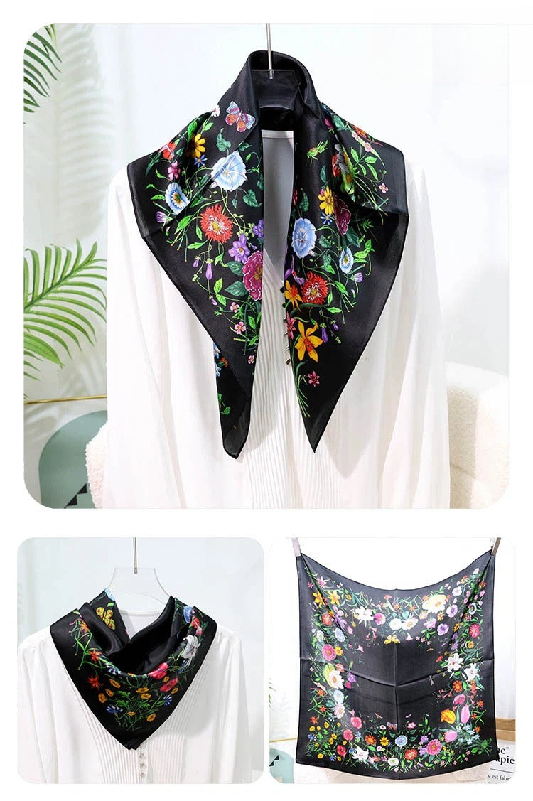 Square 100% Mulberry Silk Scarf – Vintage French Print Bandana Wrap