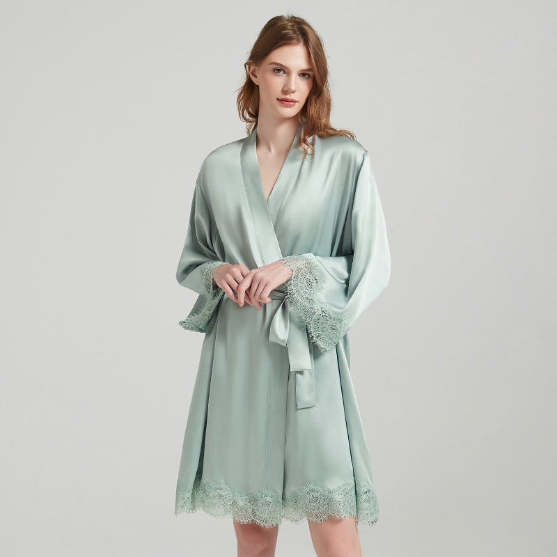 Lace-Trim 100% Mulberry Silk Robe & Camisole Set – Women's Sleepwear Loungewear