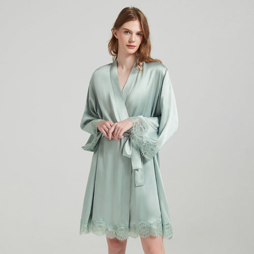Lace-Trim 100% Mulberry Silk Robe & Camisole Set – Women's Sleepwear Loungewear