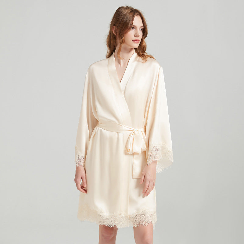 Lace-Trim 100% Mulberry Silk Robe & Camisole Set – Women's Sleepwear Loungewear