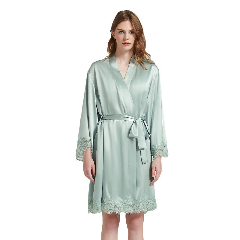 Lace-Trim 100% Mulberry Silk Robe & Camisole Set – Women's Sleepwear Loungewear