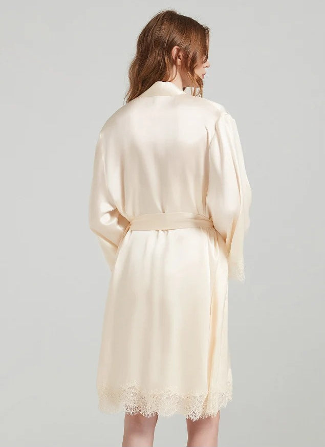 Lace-Trim 100% Mulberry Silk Robe & Camisole Set – Women's Sleepwear Loungewear