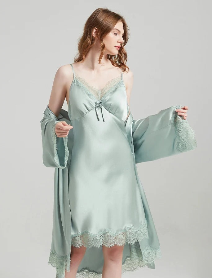 Lace-Trim 100% Mulberry Silk Robe & Camisole Set – Women's Sleepwear Loungewear