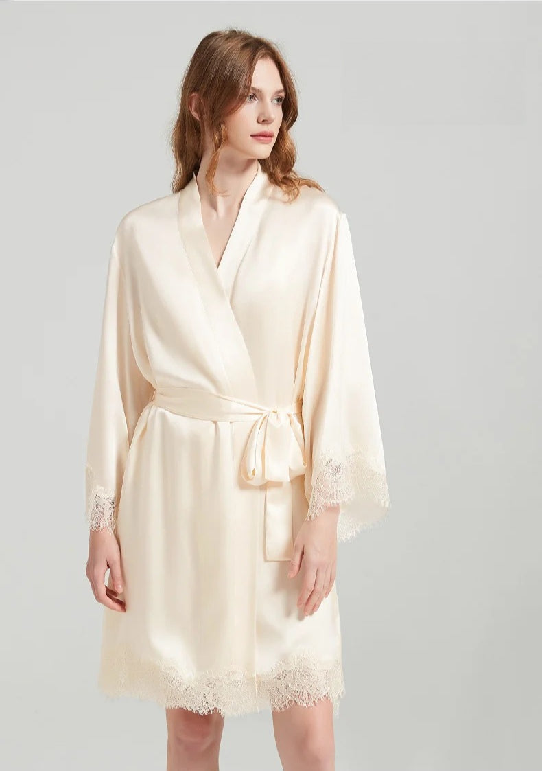 Lace-Trim 100% Mulberry Silk Robe & Camisole Set – Women's Sleepwear Loungewear