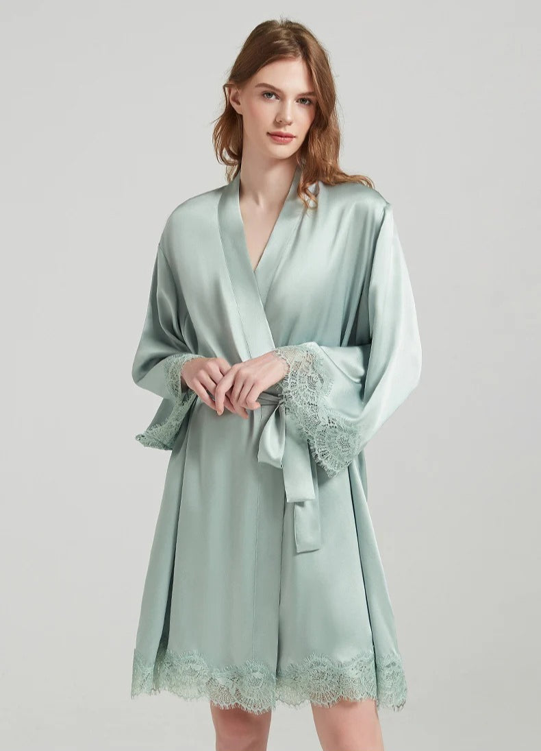 Lace-Trim 100% Mulberry Silk Robe & Camisole Set – Women's Sleepwear Loungewear
